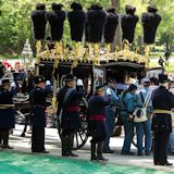 Veteran Reserve Corps unloads Lincoln's casket from Lincoln Hearse
